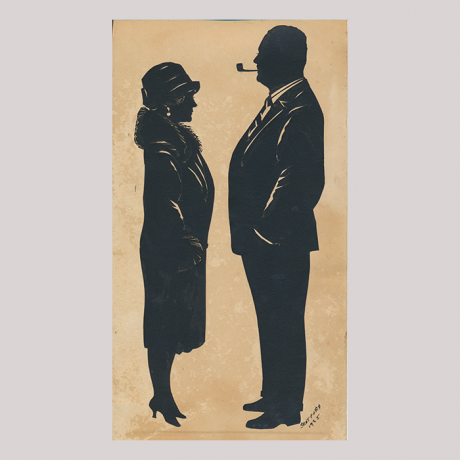 
        Front of silhouette, with woman on the left looking right. On the right a man looking left, in suit and smoking a pipe.